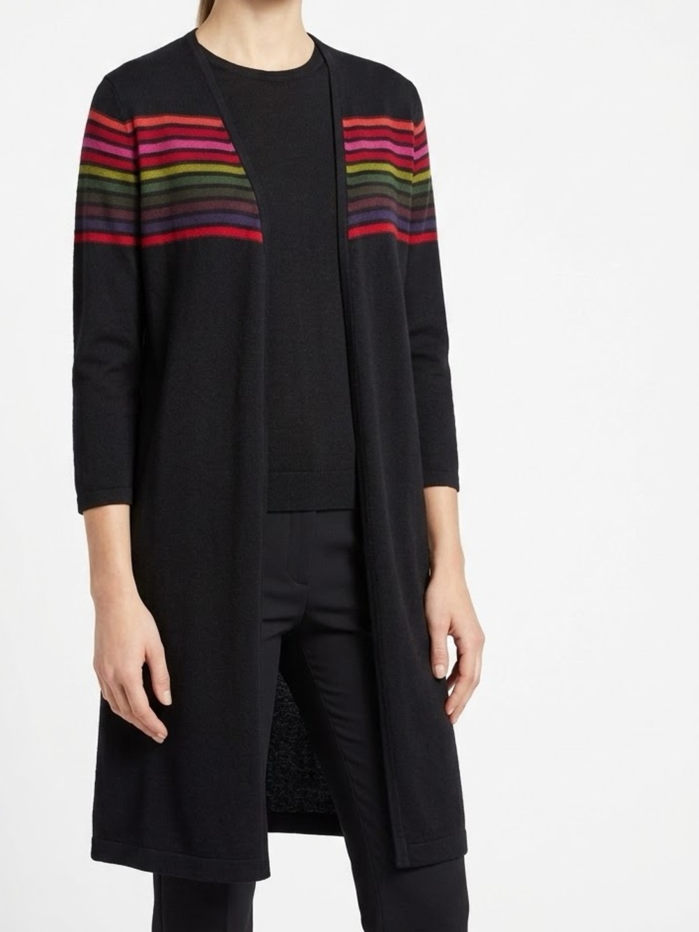 DAVID WARREN Black Open-Front Long Cardigan Sweater w Multicolor Stripes #LHP